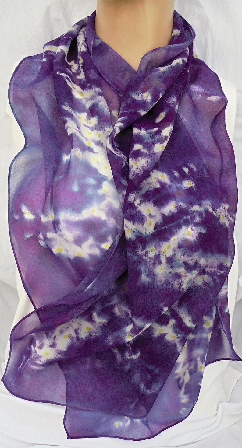 silk scarf long hand painted chiffon Purple Wisteria unique wearable art women white lavender yellow spring floral gift imagem 3