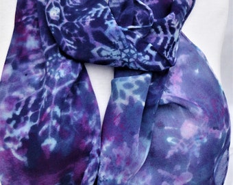 silk scarf snow extra long chiffon wearable art  navy blue white lavender snowflakes unique morgansilk scarves wrap shawl