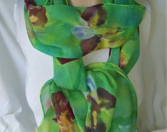 silk scarf extra long chiffon iris lavender green black cherry orange yellow morgansilk scarves wearable art hand painted