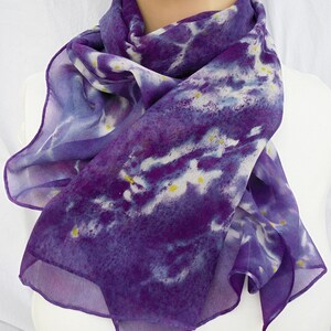 silk scarf long hand painted chiffon Purple Wisteria unique wearable art women white lavender yellow spring floral gift imagem 5