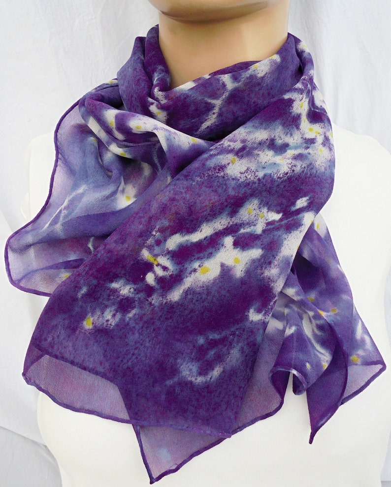 silk scarf long hand painted chiffon Purple Wisteria unique wearable art women white lavender yellow spring floral gift imagem 5