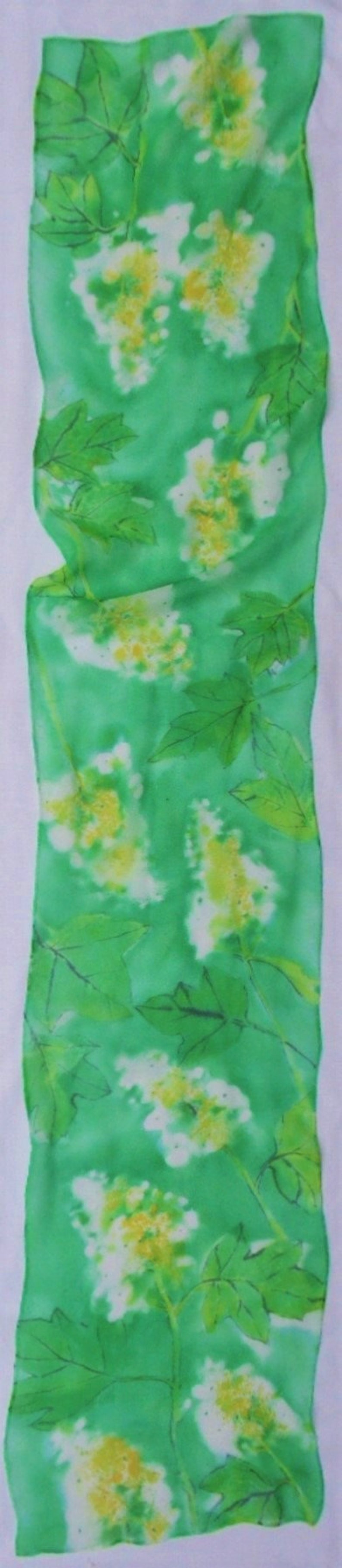 silk scarf hand painted chiffon Oak Leaf Hydrangea morgansilk wearable art green emerald white floral unique image 6