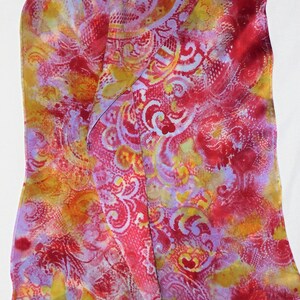 silk scarf long hand painted Paisley lavender red gold unique luxury wearable art men women charmeuse satin image 6