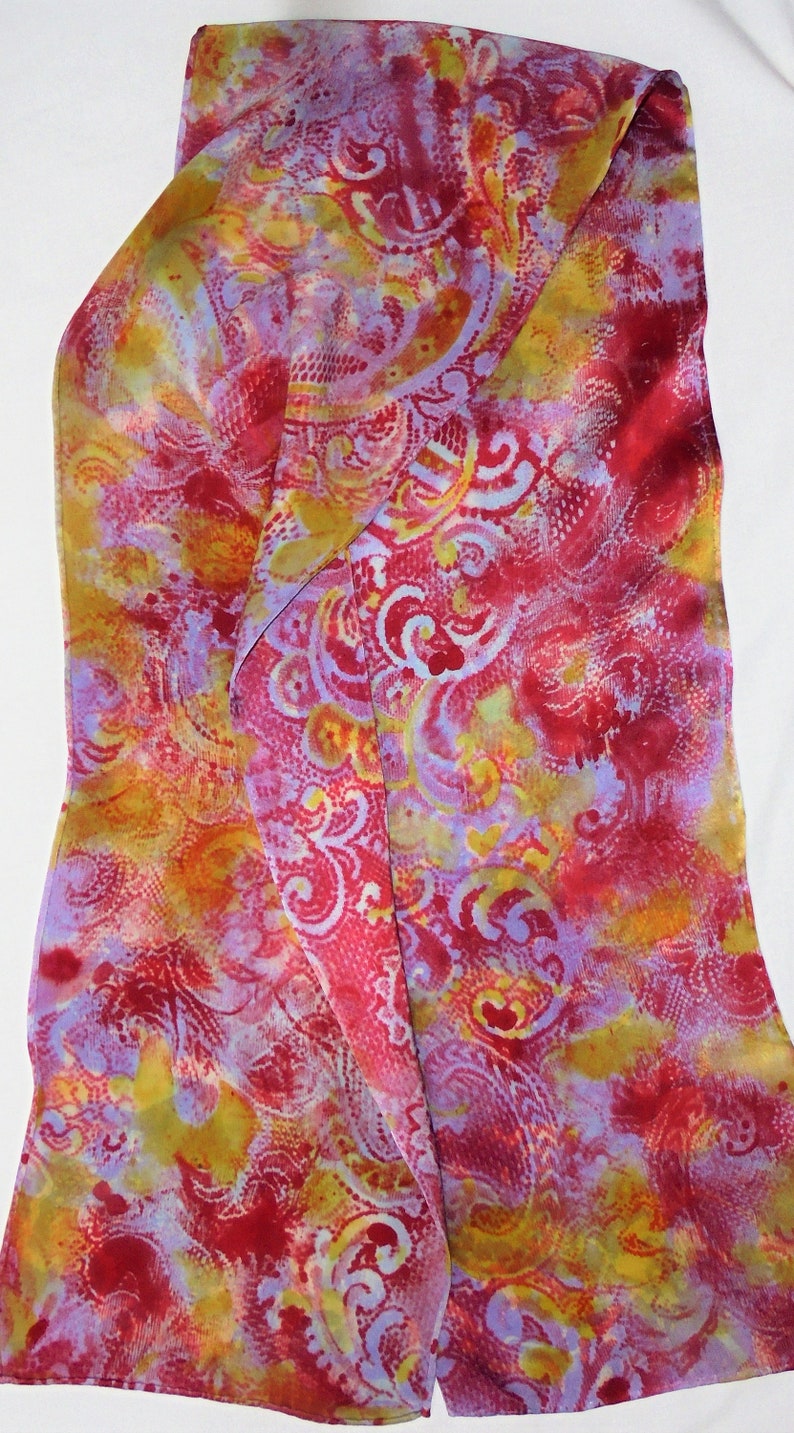 silk scarf long hand painted Paisley lavender red gold unique luxury wearable art men women charmeuse satin image 6