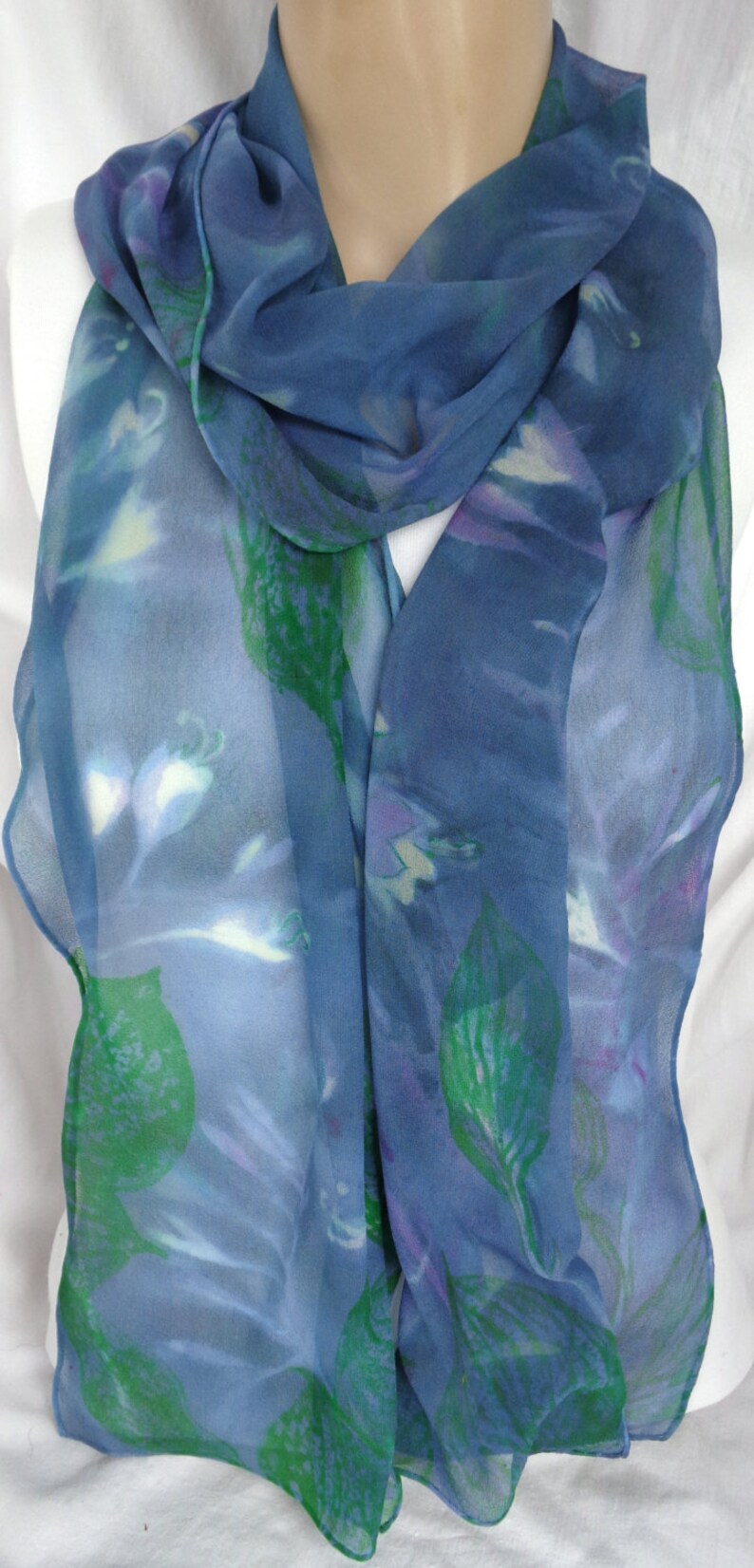 silk scarf hand painted Hosta Moonlight unique extra long chiffon wearable art lavender jade green white floral image 3