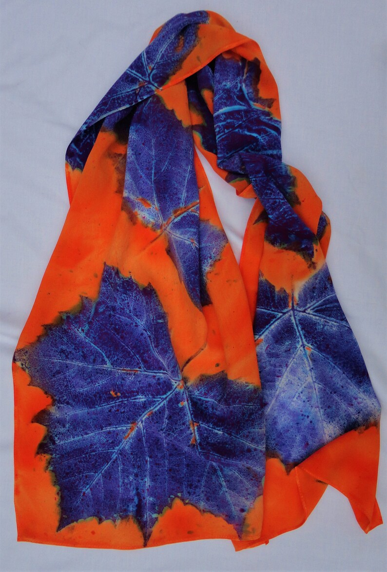 silk crepe scarf large long sycamore leaf orange purple blue hand painted unique morgansilk scarves bold color image 4