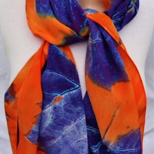 silk crepe scarf large long sycamore leaf orange purple blue hand painted unique morgansilk scarves bold color image 6