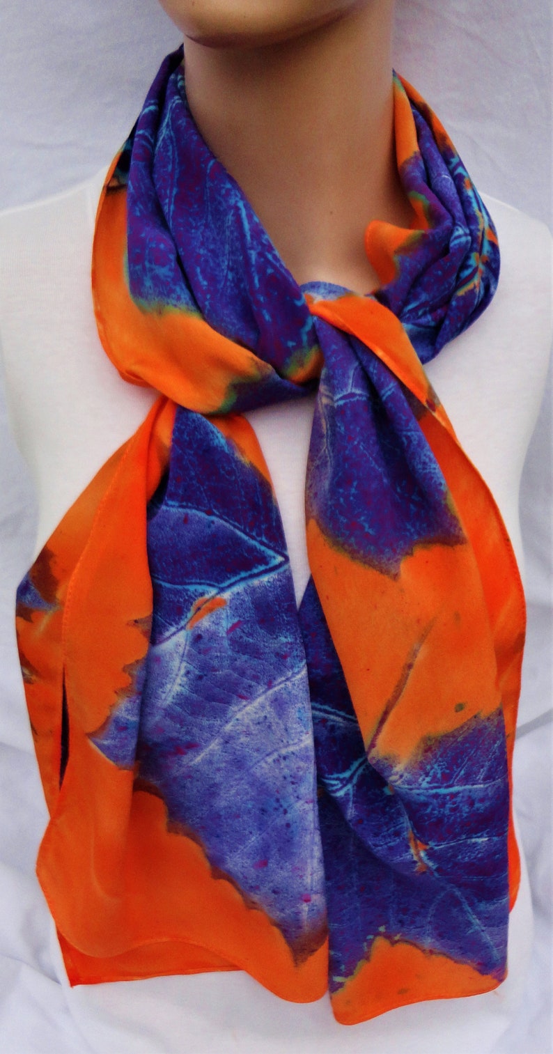 silk crepe scarf large long sycamore leaf orange purple blue hand painted unique morgansilk scarves bold color image 6