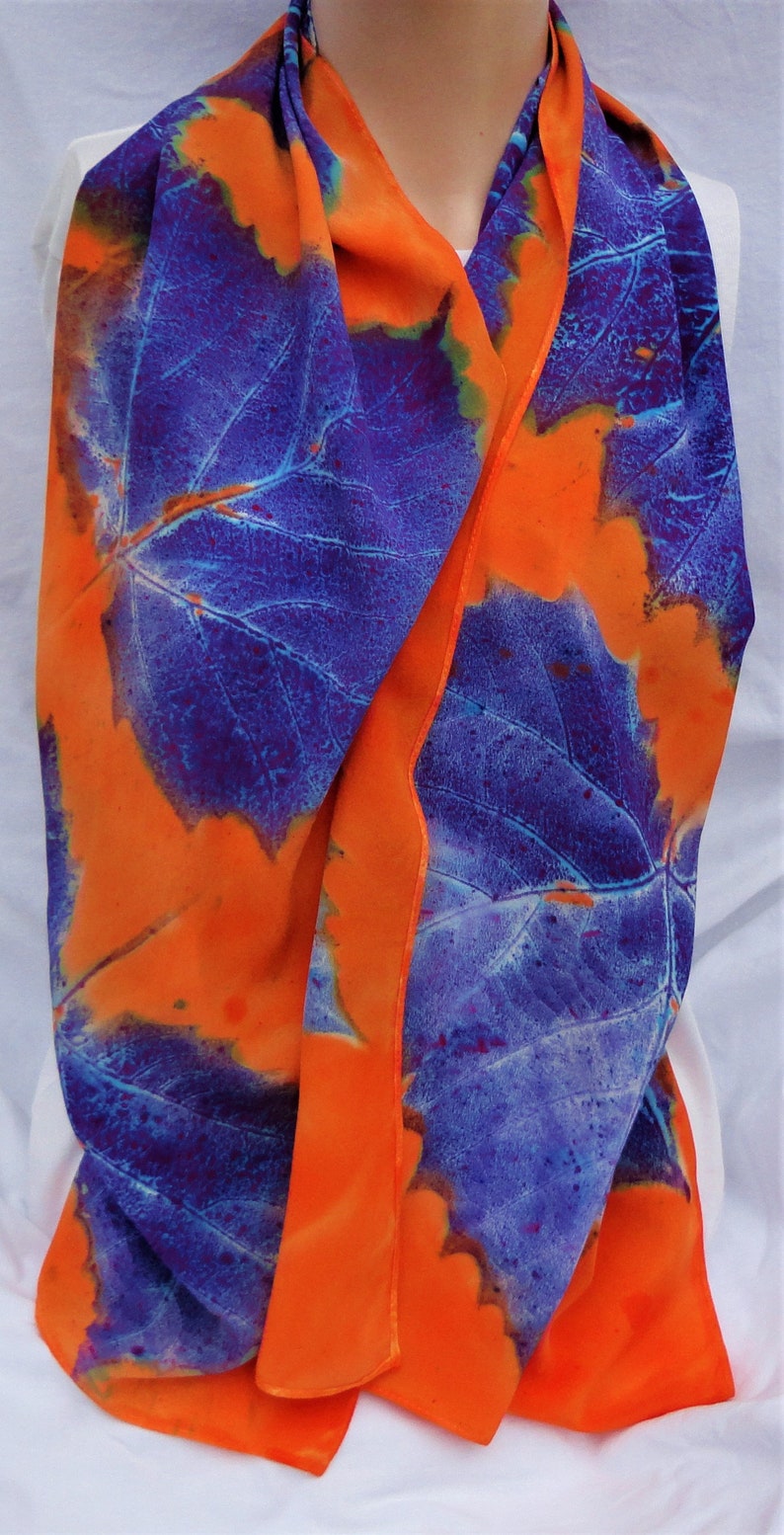 silk crepe scarf large long sycamore leaf orange purple blue hand painted unique morgansilk scarves bold color image 3