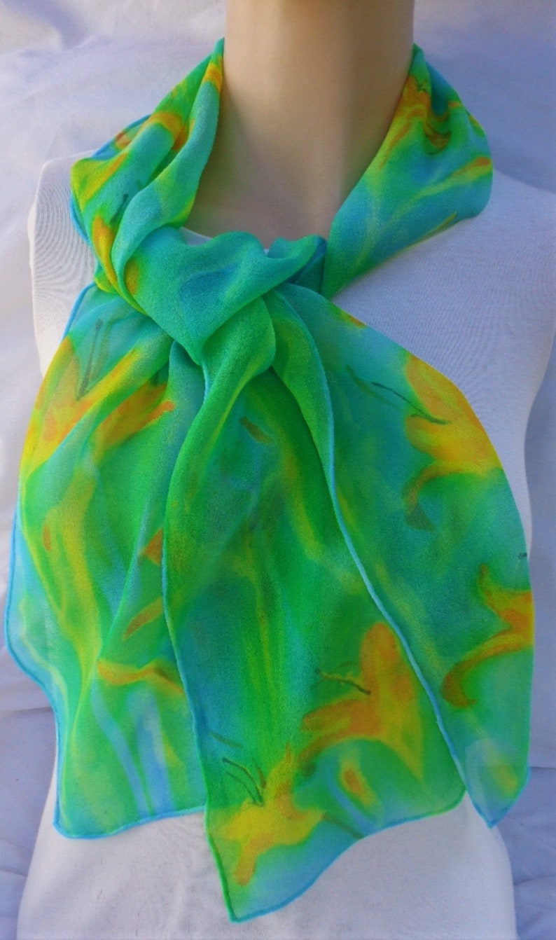 silk chiffon scarf hand painted Day Lily turquoise green orange wearable art women floral unique image 2