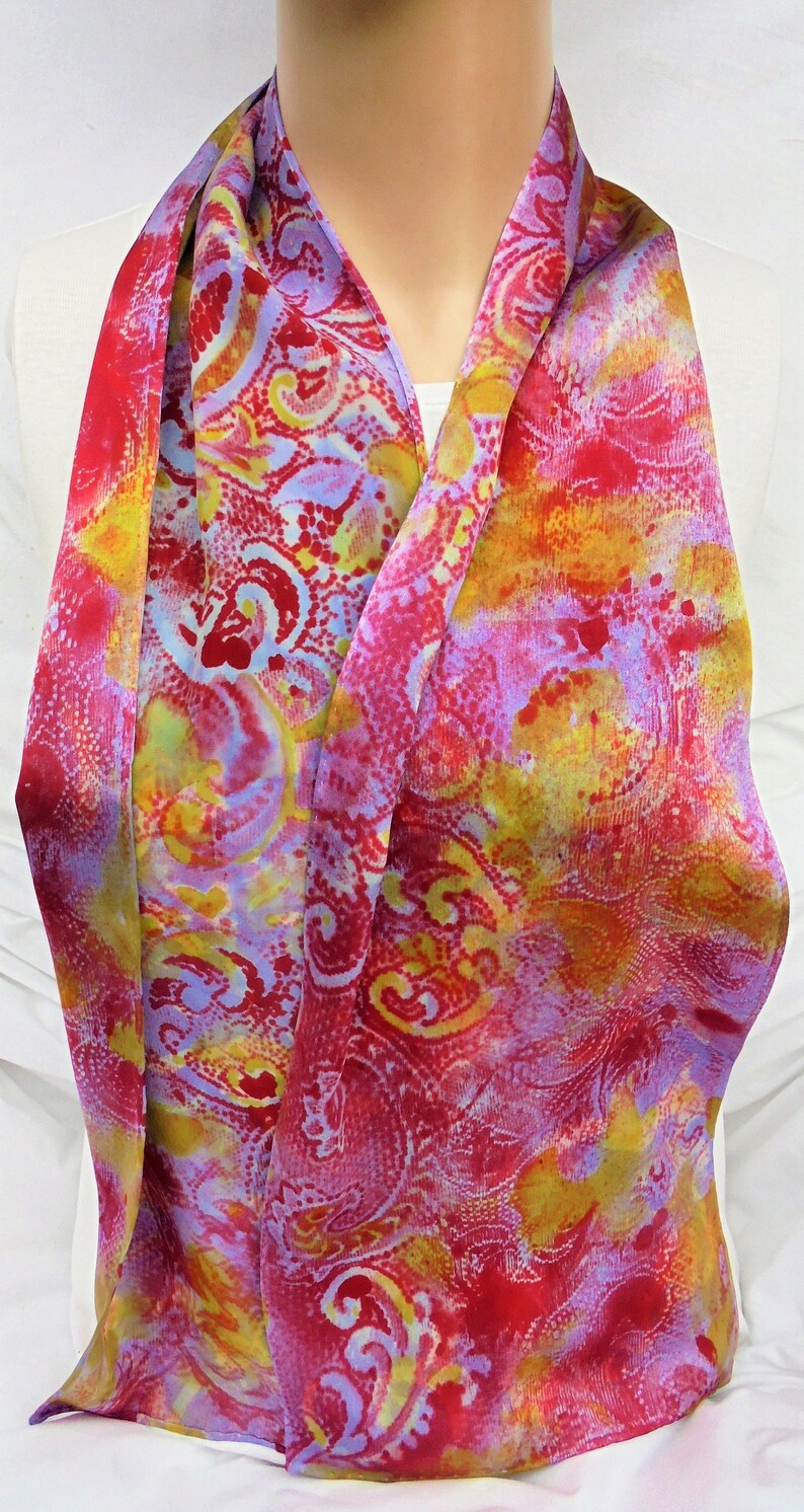 silk scarf long hand painted Paisley lavender red gold unique luxury wearable art men women charmeuse satin image 1