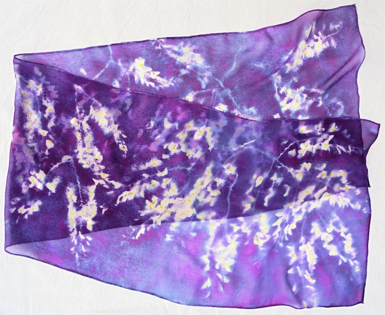 silk scarf long hand painted chiffon Purple Wisteria unique wearable art women white lavender yellow spring floral gift imagem 6