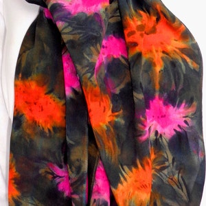 silk crepe scarf Storm Mums hand painted unique pink orange black wearable art women atumn winter original design image 5