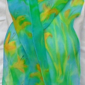 silk chiffon scarf hand painted Day Lily turquoise green orange wearable art women floral unique image 7