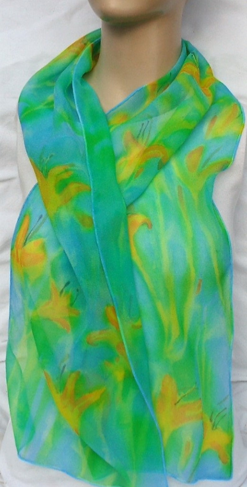 silk chiffon scarf hand painted Day Lily turquoise green orange wearable art women floral unique image 7