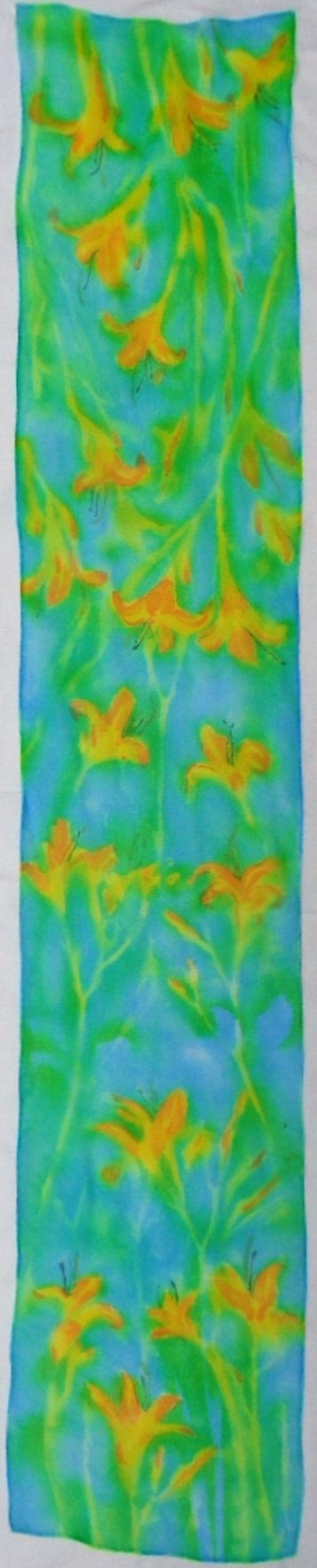 silk chiffon scarf hand painted Day Lily turquoise green orange wearable art women floral unique image 1