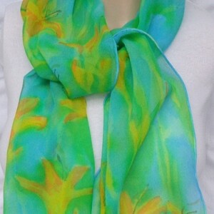 silk chiffon scarf hand painted Day Lily turquoise green orange wearable art women floral unique image 5