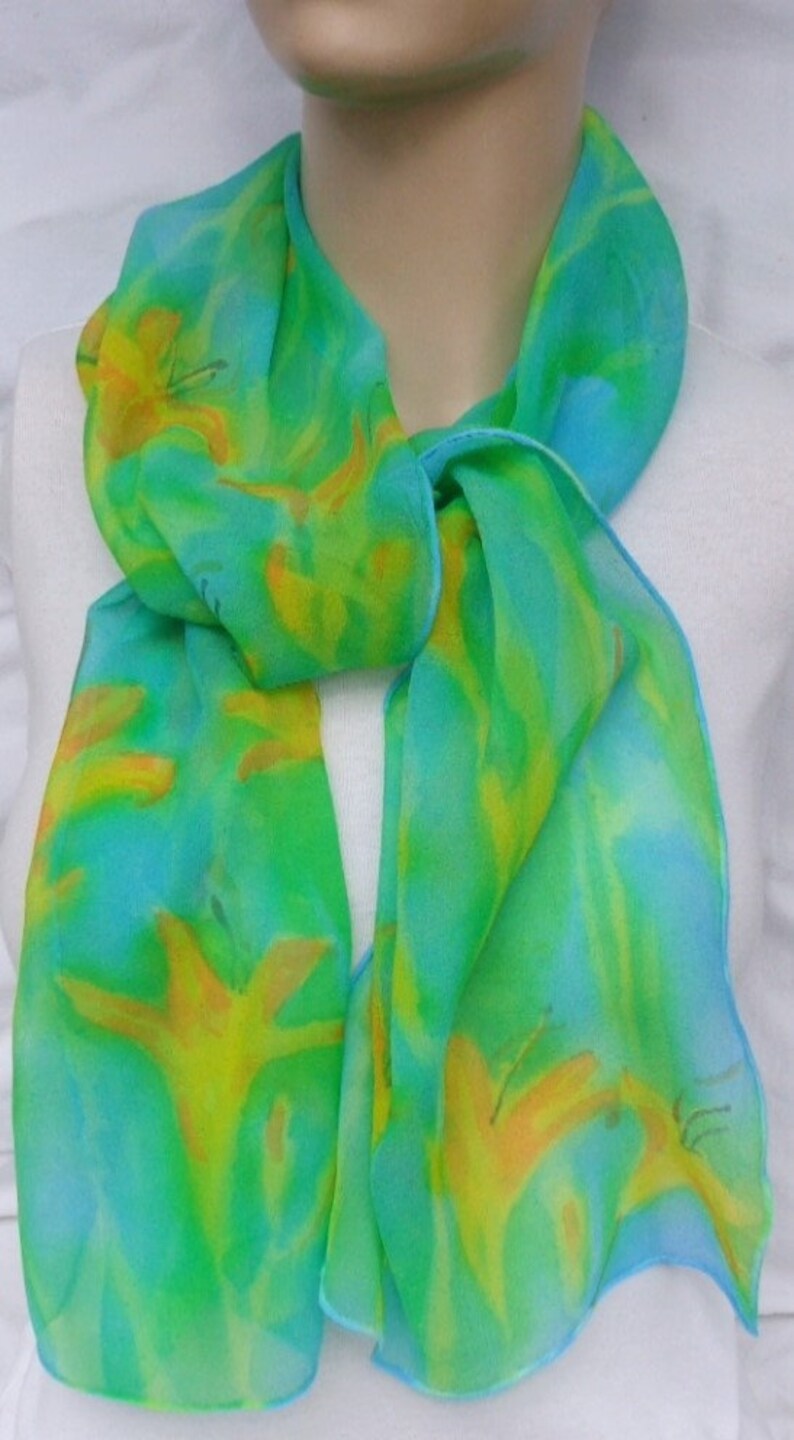 silk chiffon scarf hand painted Day Lily turquoise green orange wearable art women floral unique image 5