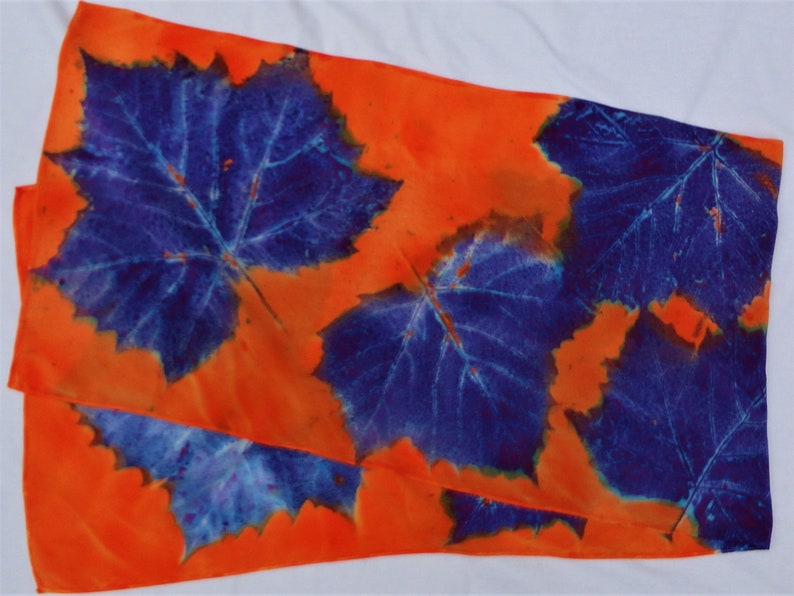 silk crepe scarf large long sycamore leaf orange purple blue hand painted unique morgansilk scarves bold color image 7