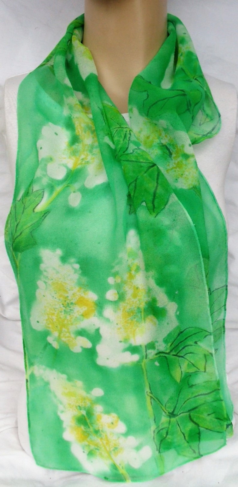 silk scarf hand painted chiffon Oak Leaf Hydrangea morgansilk wearable art green emerald white floral unique image 3