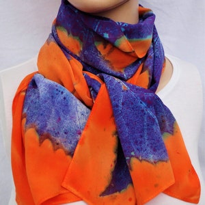 silk crepe scarf large long sycamore leaf orange purple blue hand painted unique morgansilk scarves bold color image 8