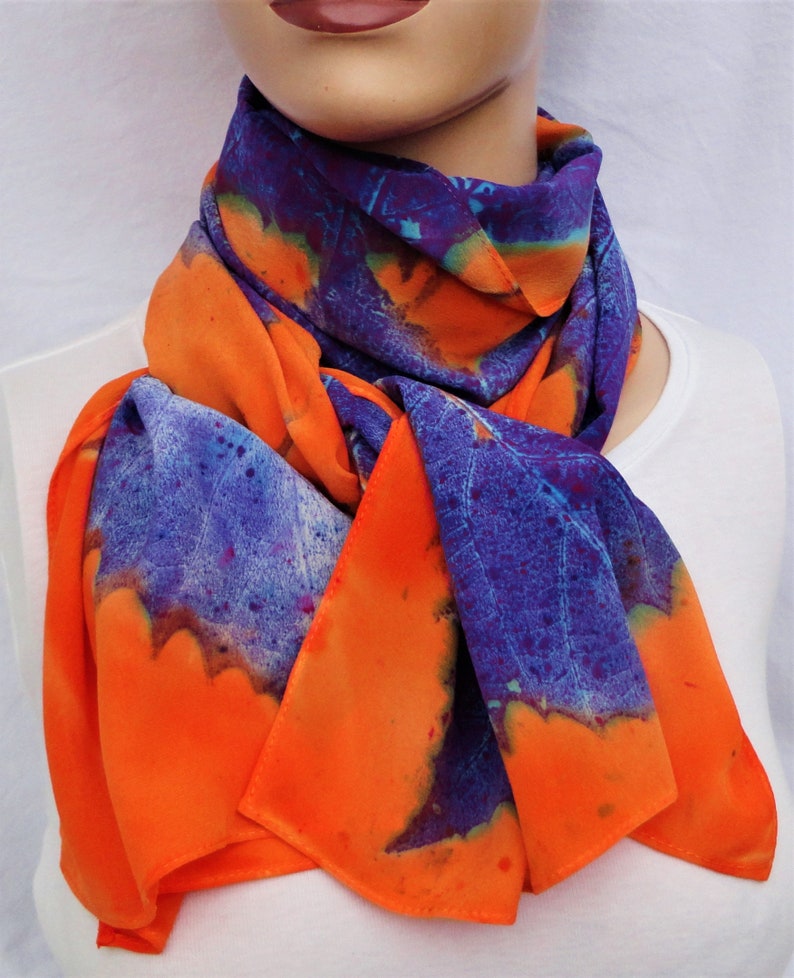 silk crepe scarf large long sycamore leaf orange purple blue hand painted unique morgansilk scarves bold color image 8