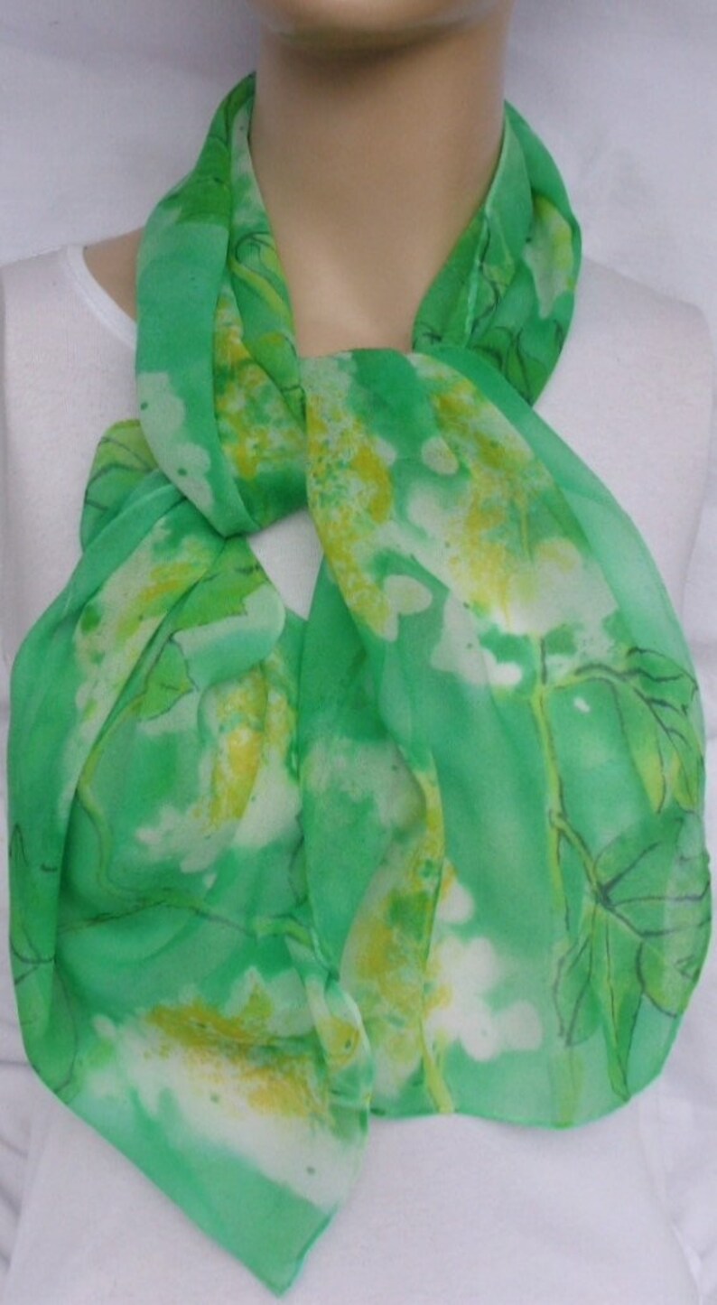 silk scarf hand painted chiffon Oak Leaf Hydrangea morgansilk wearable art green emerald white floral unique image 4