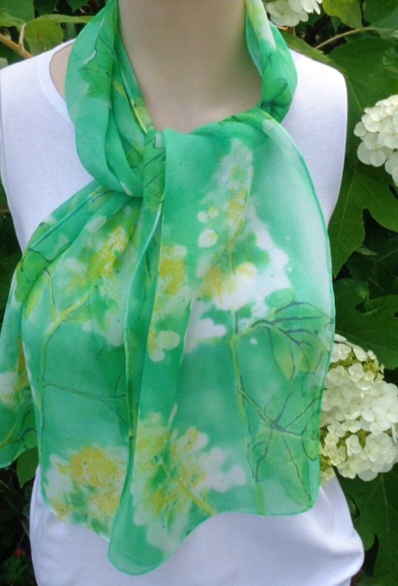 silk scarf hand painted chiffon Oak Leaf Hydrangea morgansilk wearable art green emerald white floral unique image 7