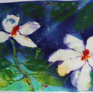 May include: Two white flowers with red centers are painted on a blue background with green leaves. The flowers are painted in a watercolor style.