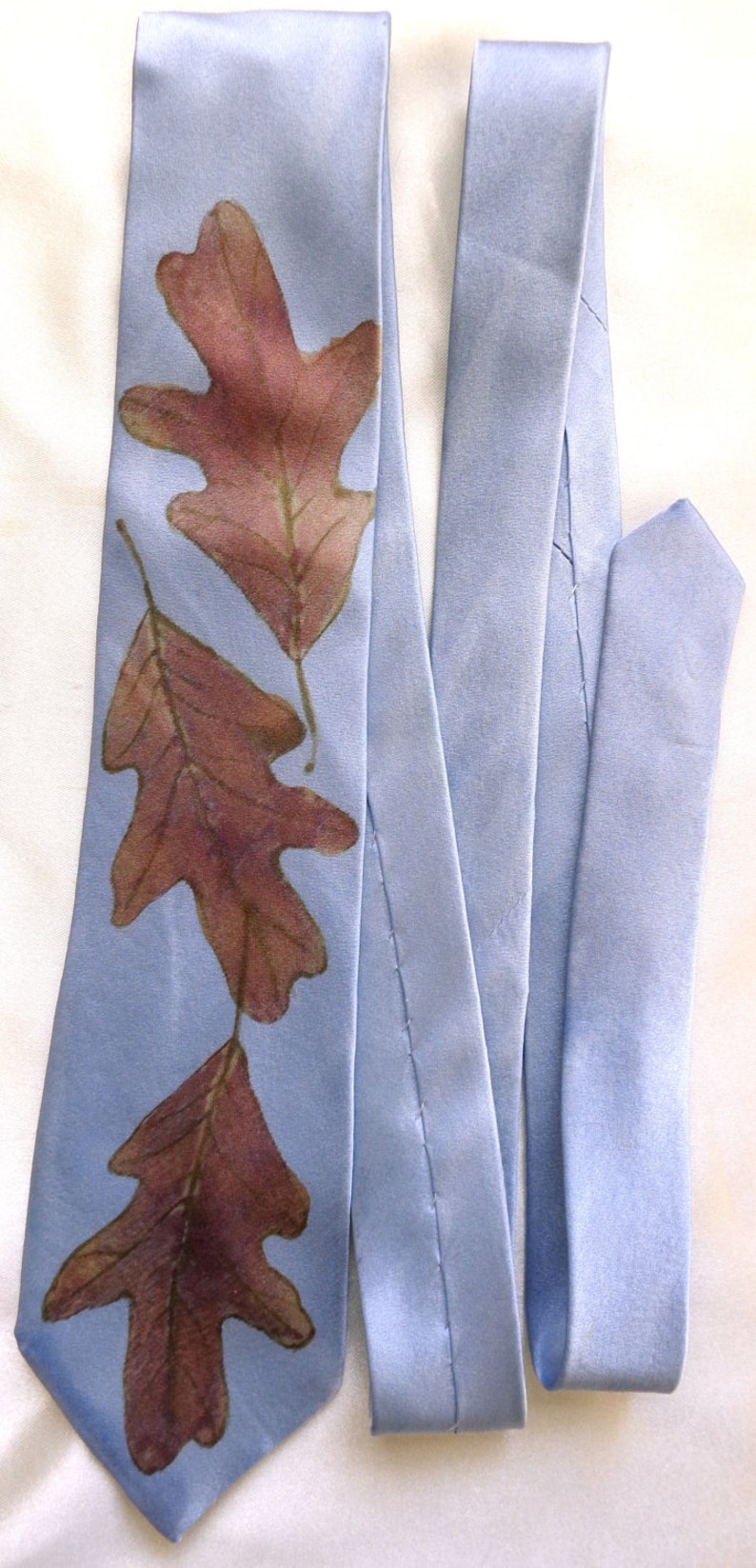 silk necktie Oak Leaves blue sky men unique luxury hand painted image 2