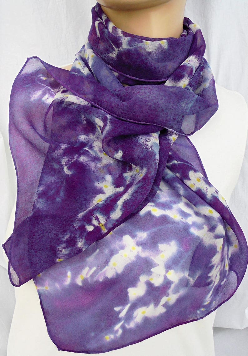 silk scarf long hand painted chiffon Purple Wisteria unique wearable art women white lavender yellow spring floral gift imagem 2