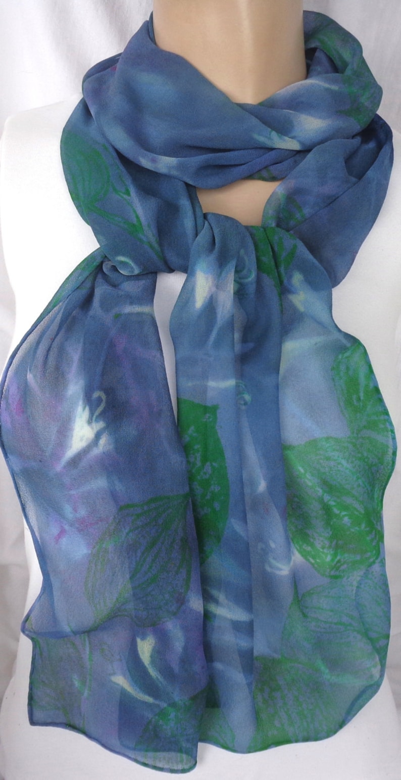 silk scarf hand painted Hosta Moonlight unique extra long chiffon wearable art lavender jade green white floral image 1