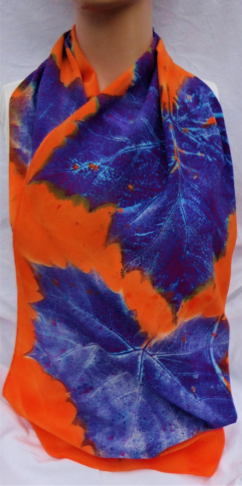 silk crepe scarf large long sycamore leaf orange purple blue hand painted unique morgansilk scarves bold color image 5