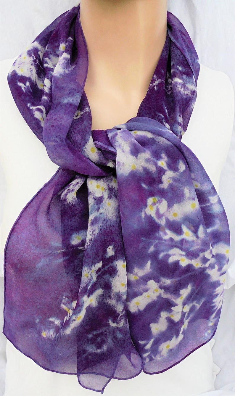 silk scarf long hand painted chiffon Purple Wisteria unique wearable art women white lavender yellow spring floral gift imagem 1