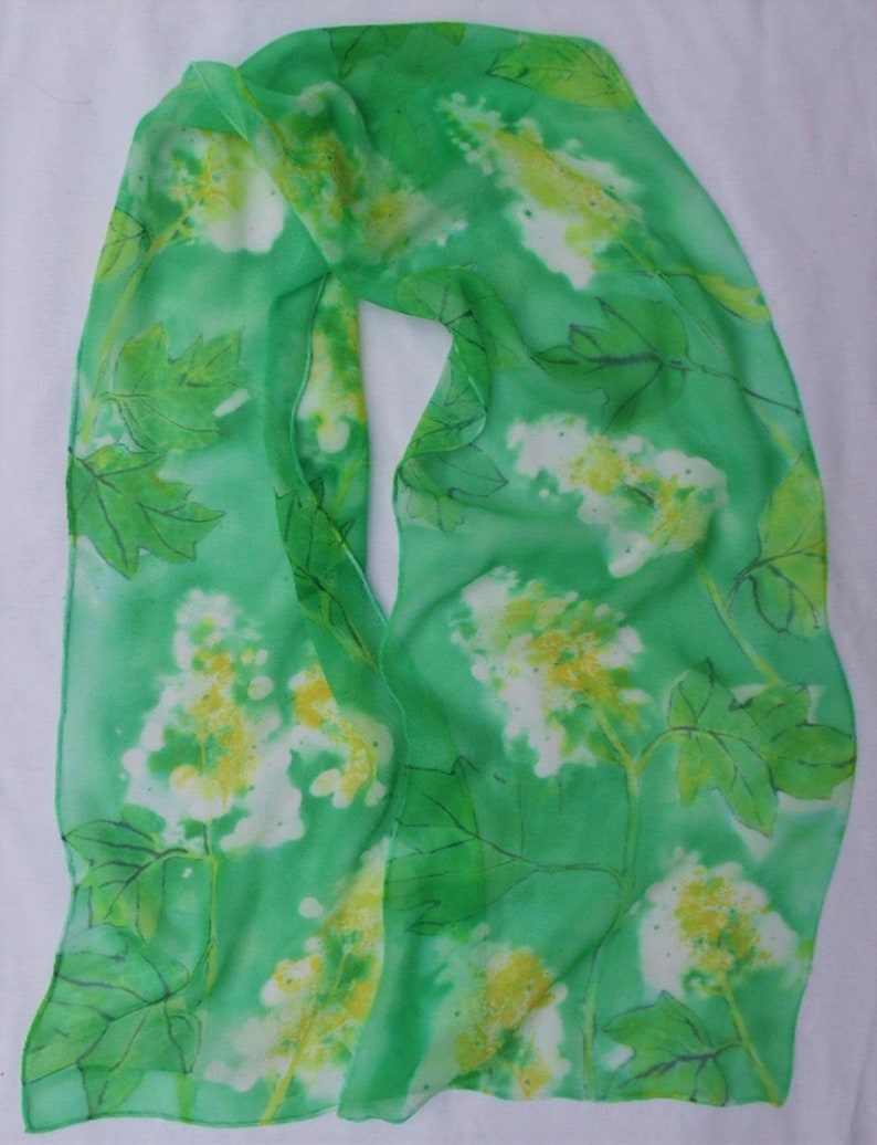 silk scarf hand painted chiffon Oak Leaf Hydrangea morgansilk wearable art green emerald white floral unique image 1