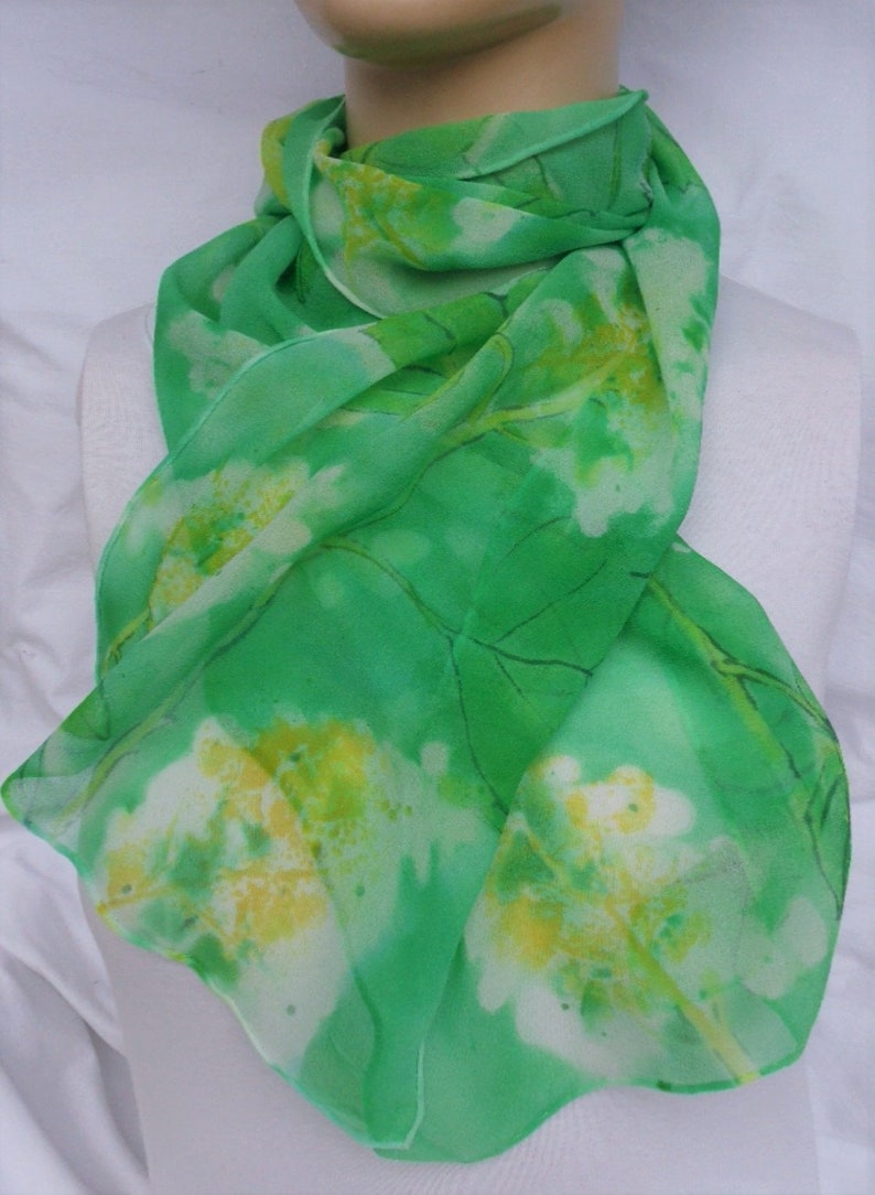 silk scarf hand painted chiffon Oak Leaf Hydrangea morgansilk wearable art green emerald white floral unique image 9