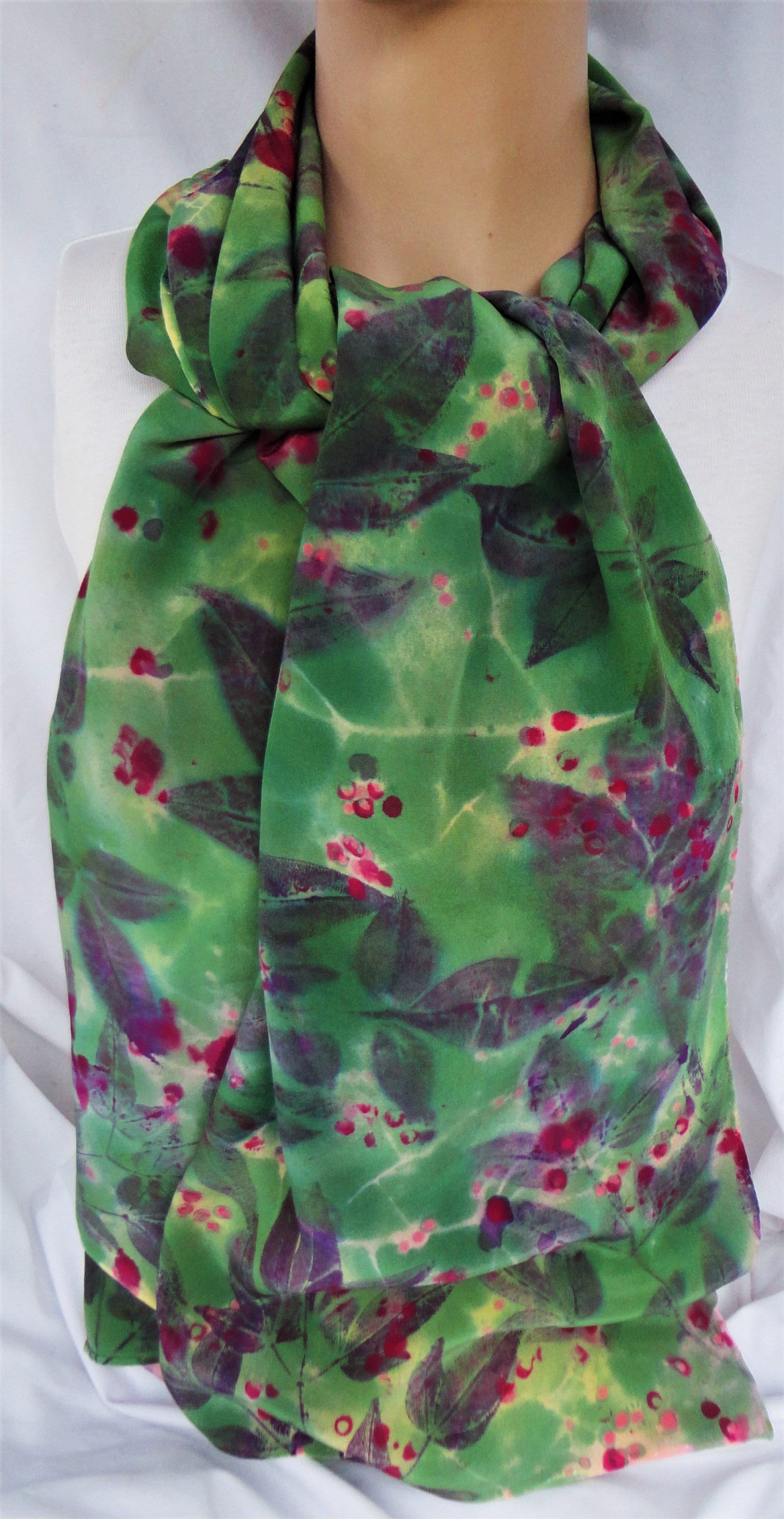 silk scarf long large crepe Nandina berries hand painted green red wearable art women