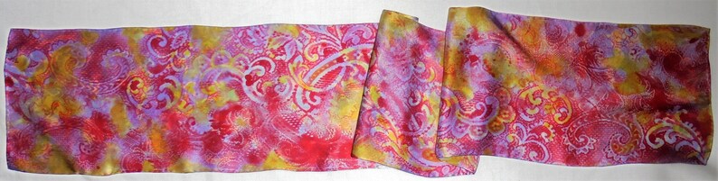 silk scarf long hand painted Paisley lavender red gold unique luxury wearable art men women charmeuse satin image 7