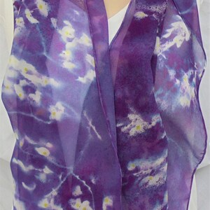 silk scarf long hand painted chiffon Purple Wisteria unique wearable art women white lavender yellow spring floral gift imagem 4