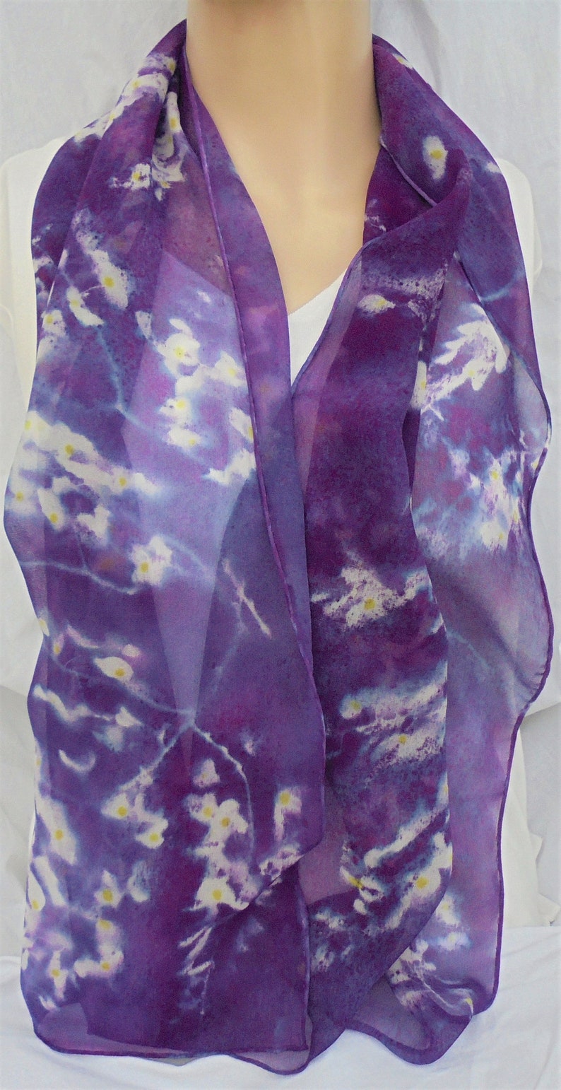 silk scarf long hand painted chiffon Purple Wisteria unique wearable art women white lavender yellow spring floral gift imagem 4