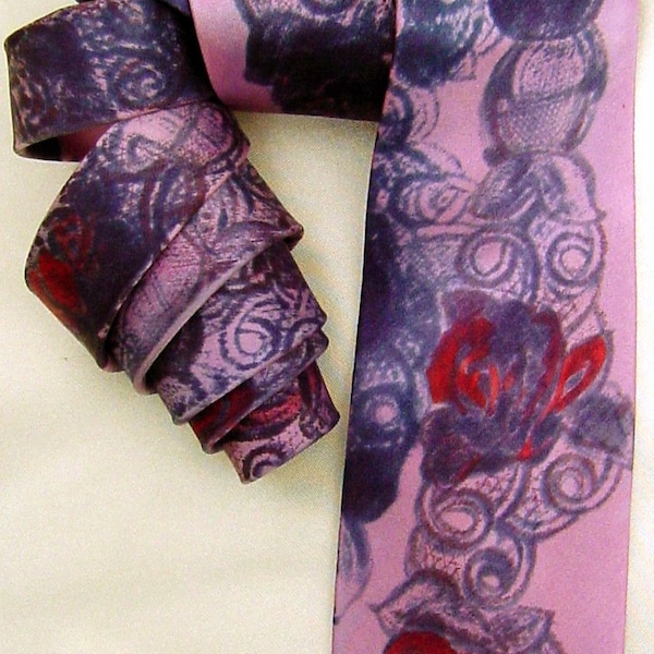 silk necktie dyed painted Rose Tattoo men avant garde unique luxury wearable art wedding purple pink charcoal