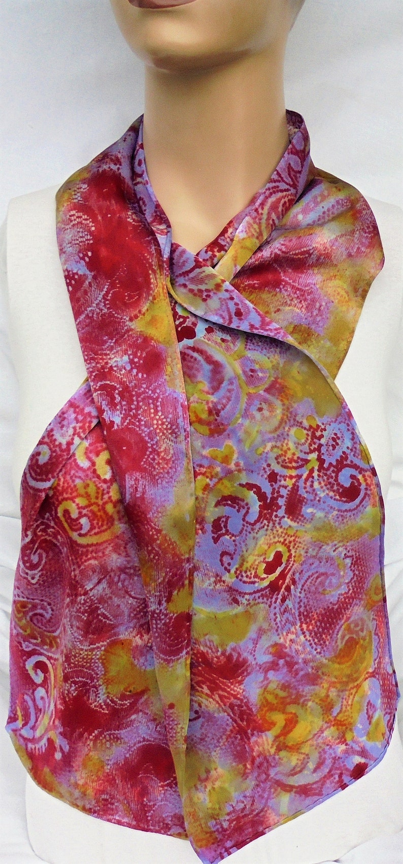 silk scarf long hand painted Paisley lavender red gold unique luxury wearable art men women charmeuse satin image 4