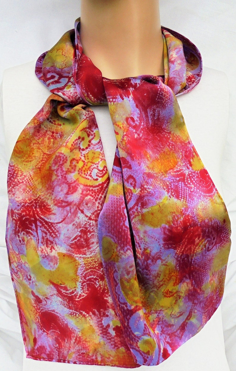 silk scarf long hand painted Paisley lavender red gold unique luxury wearable art men women charmeuse satin image 2