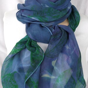 silk scarf hand painted Hosta Moonlight unique extra long chiffon wearable art lavender jade green white floral image 5