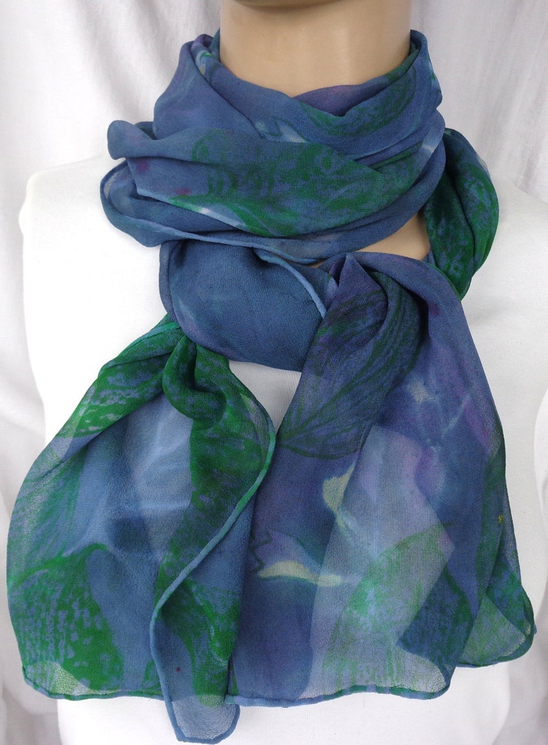 silk scarf hand painted Hosta Moonlight unique extra long chiffon wearable art lavender jade green white floral image 5