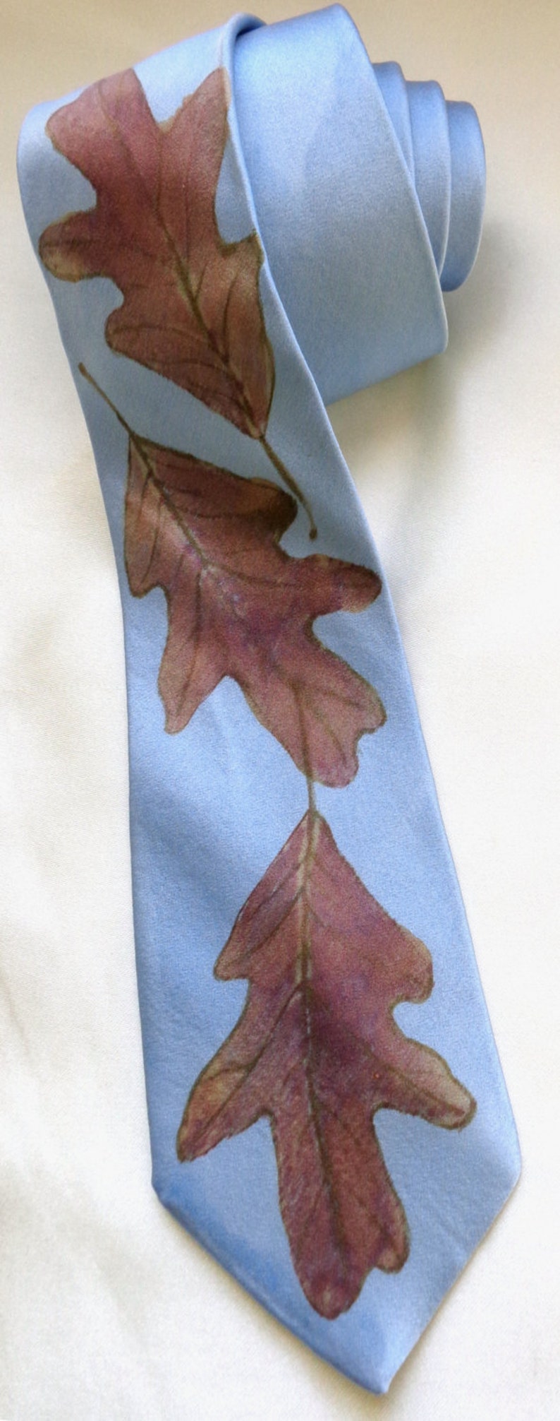 silk necktie Oak Leaves blue sky men unique luxury hand painted image 1