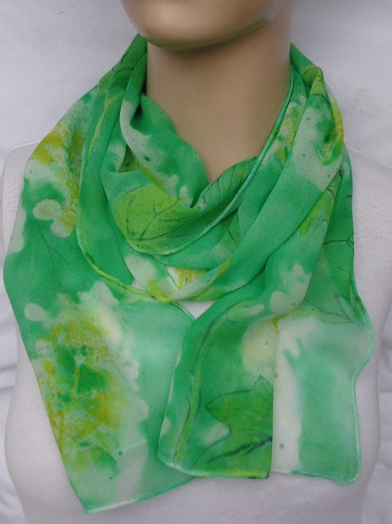 silk scarf hand painted chiffon Oak Leaf Hydrangea morgansilk wearable art green emerald white floral unique image 5