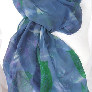 silk scarf hand painted Hosta Moonlight unique extra long chiffon wearable art lavender jade green white floral image 7