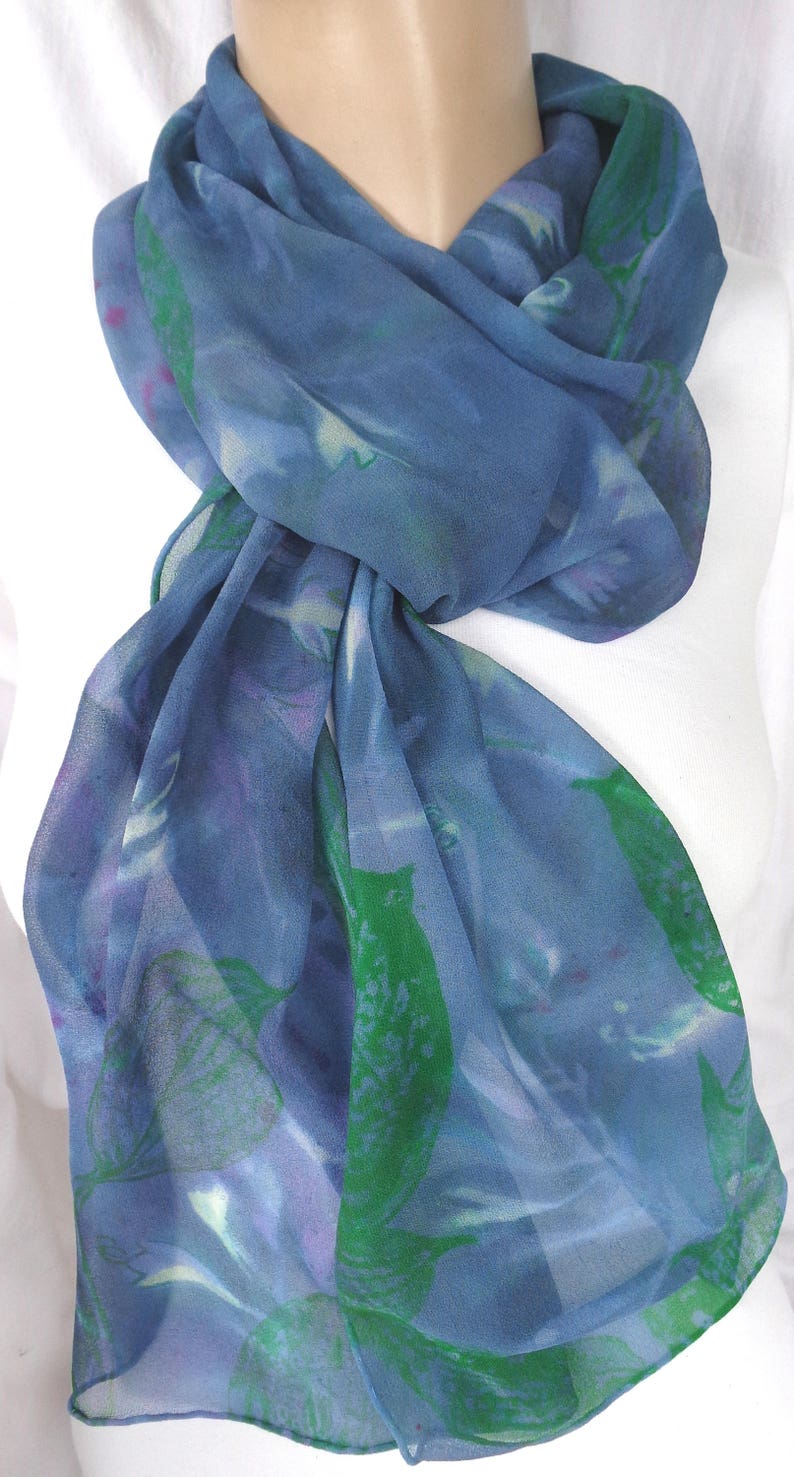 silk scarf hand painted Hosta Moonlight unique extra long chiffon wearable art lavender jade green white floral image 7