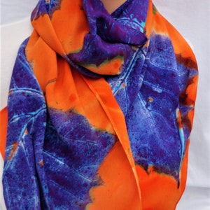 silk crepe scarf large long sycamore leaf orange purple blue hand painted unique morgansilk scarves bold color image 2